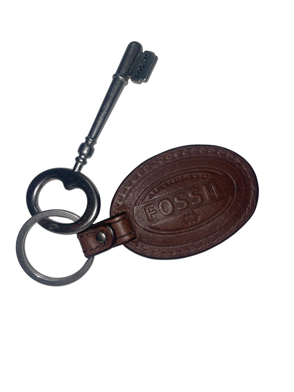 Vintage Leather Fossil Oval Keyring Key Fob With Original Metal Skeleton Key